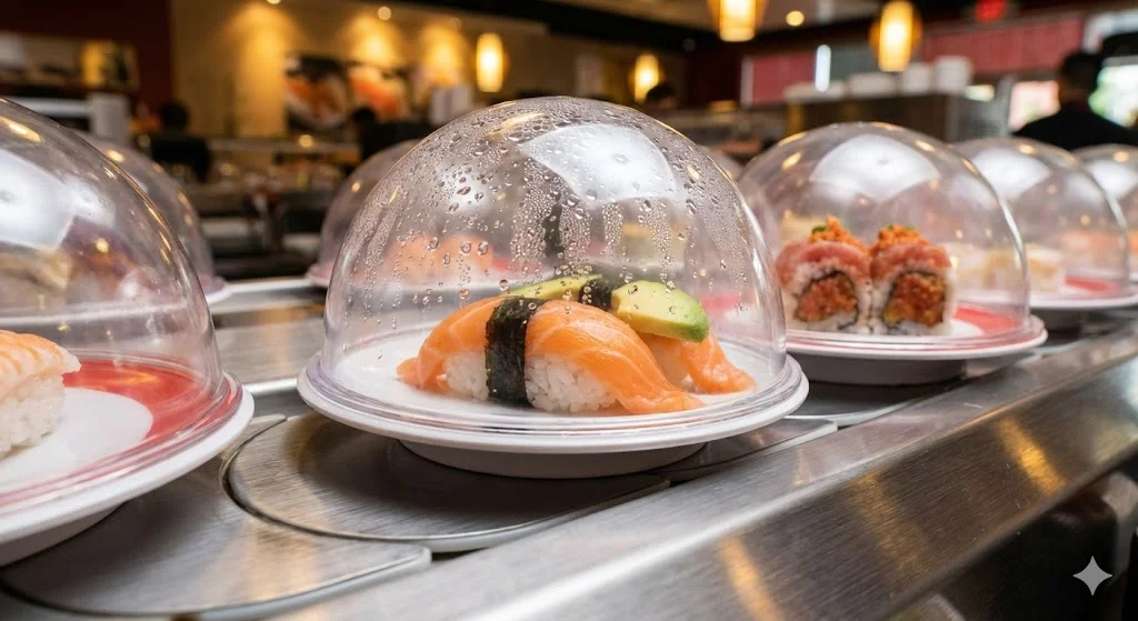 수분 보호 돔 커버가 씌워진 회전초밥 디테일