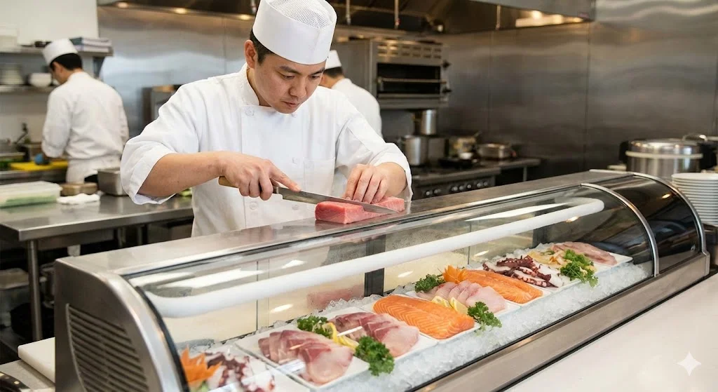 신선한 재료가 가득 찬 초밥 쇼케이스와 셰프의 모습