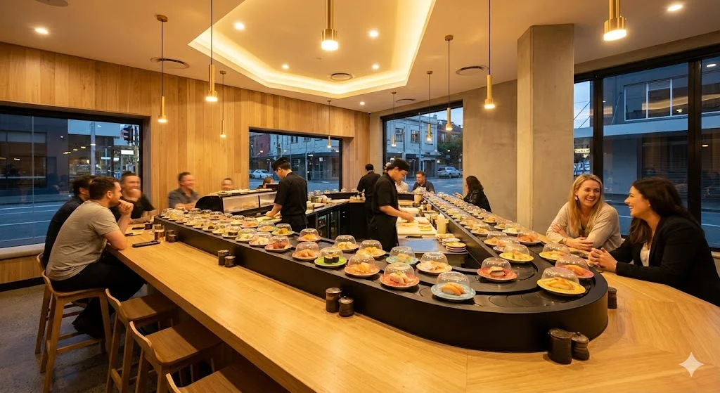 현대적이고 깔끔한 회전초밥 매장 인테리어 전경