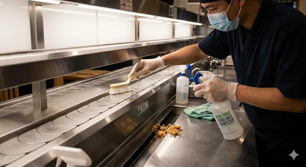 영업 종료 후 컨베이어 레일을 소독하는 직원의 모습