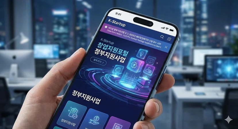 K-스타트업 홈페이지 공고를 확인하는 스마트폰 화면