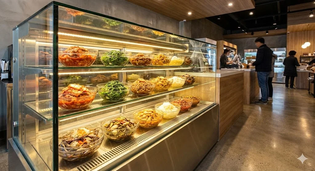 매장 내부에 설치된 깨끗하고 밝은 반찬 쇼케이스