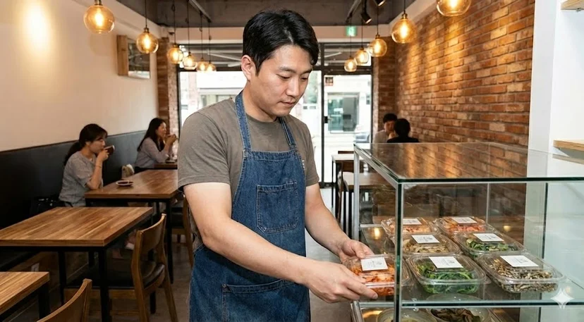 반찬을 진열 중인 젊은 사장님의 모습