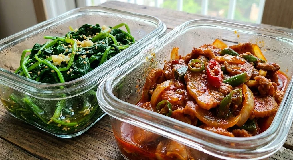 신선한 나물과 제육볶음의 디테일 컷