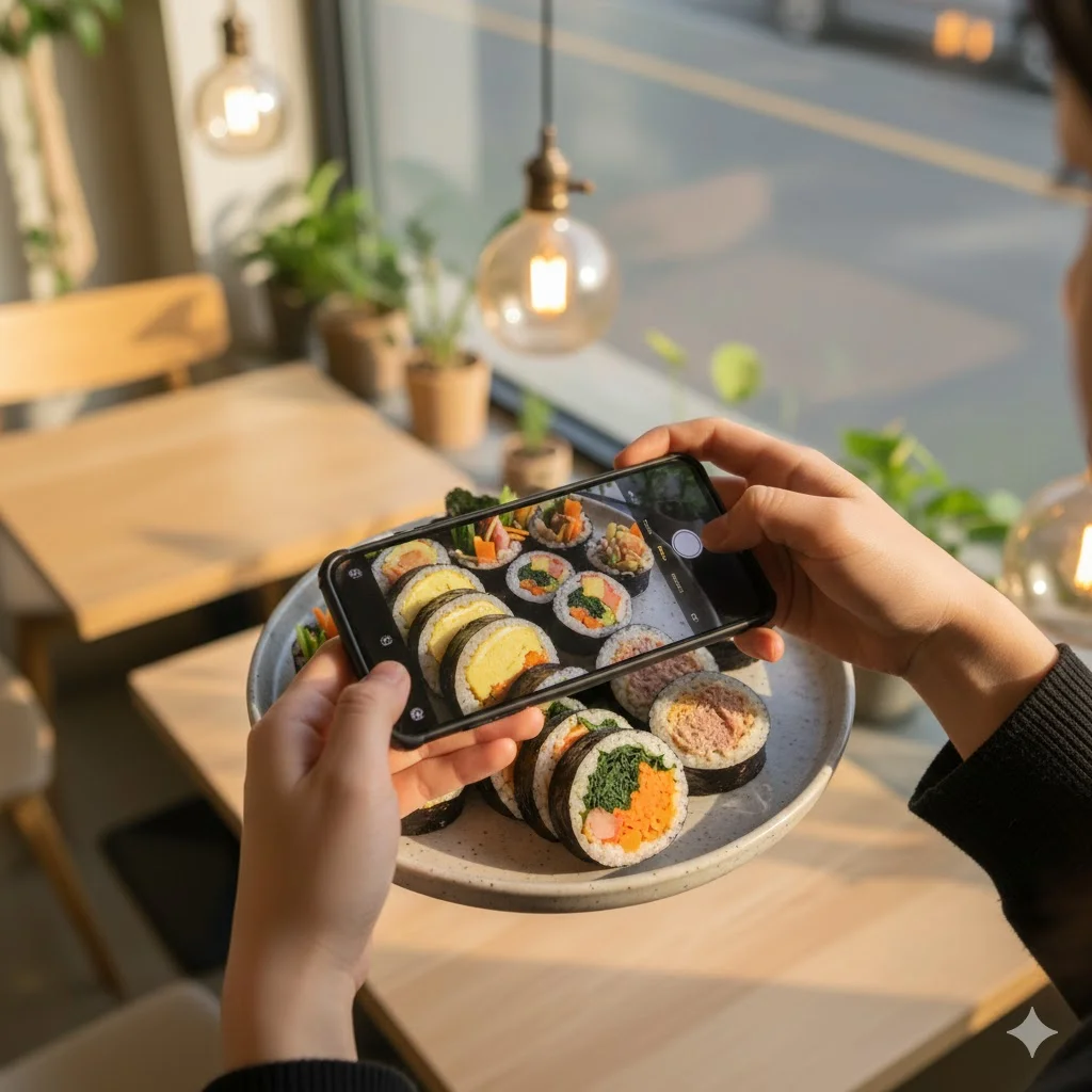 카페에서 김밥 사진을 찍어 SNS에 공유하는 모습