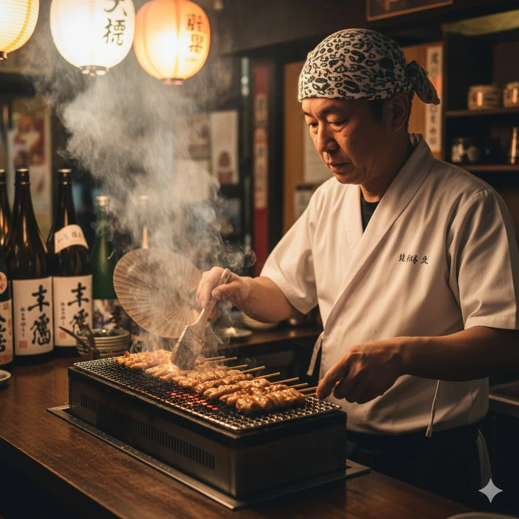 꼬치구이를 조리 중인 이자카야 셰프의 모습