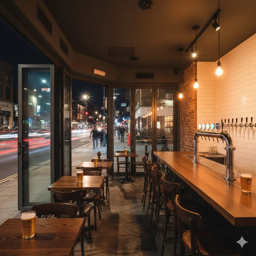 개방형 폴딩 도어가 설치된 세련된 소규모 생맥주 호프집 외관 전경