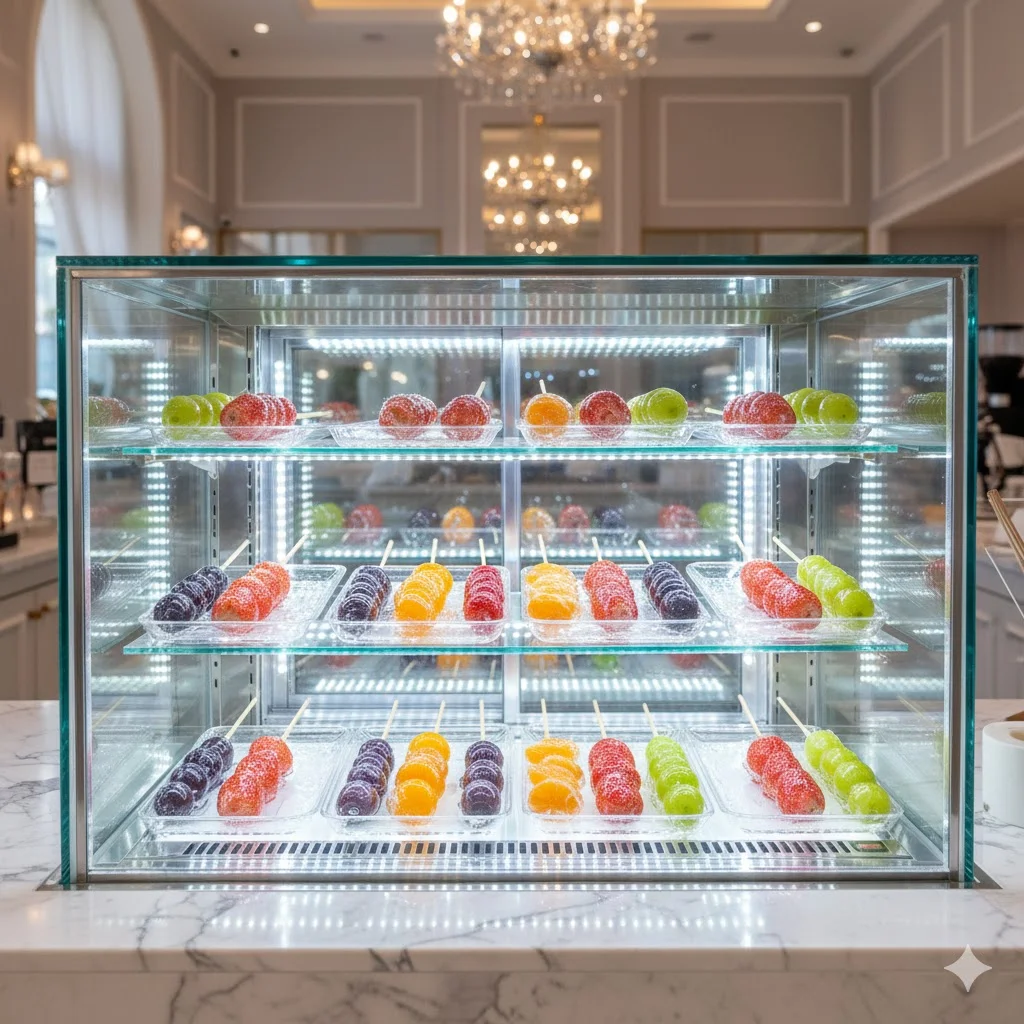 화려한 조명과 함께 탕후루가 진열된 프리미엄 디저트 쇼케이스