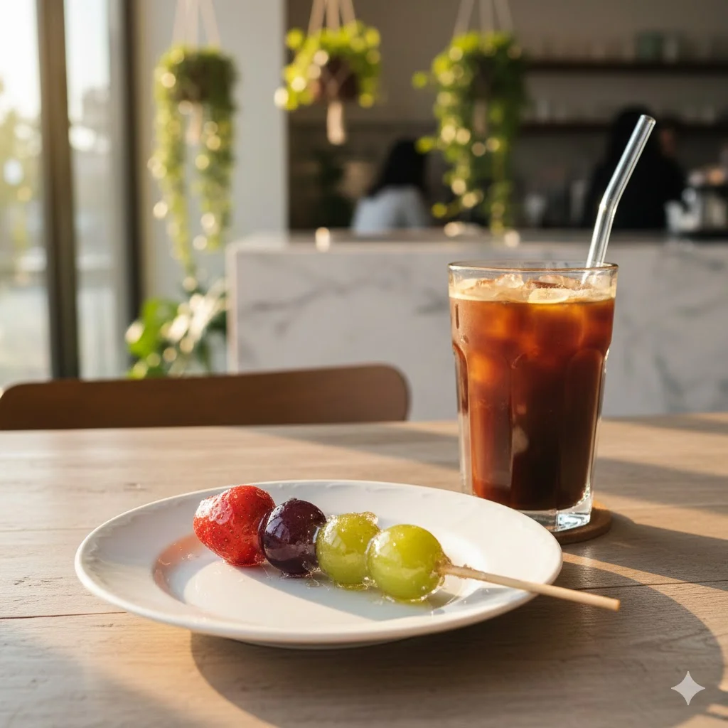 아이스 아메리카노와 함께 제공되는 감각적인 탕후루 디저트 세팅