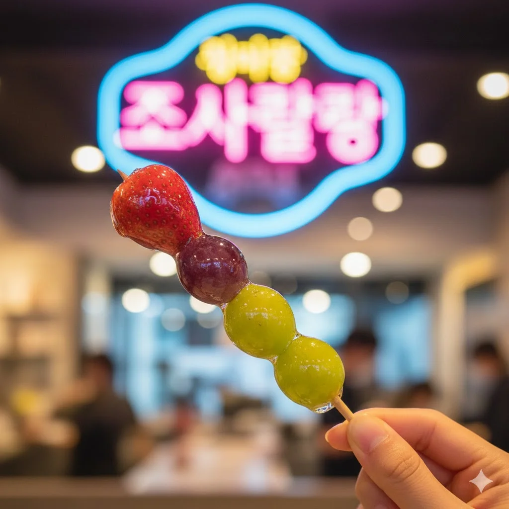 매장 내 포토존에서 탕후루를 들고 사진을 찍는 감성적인 연출샷