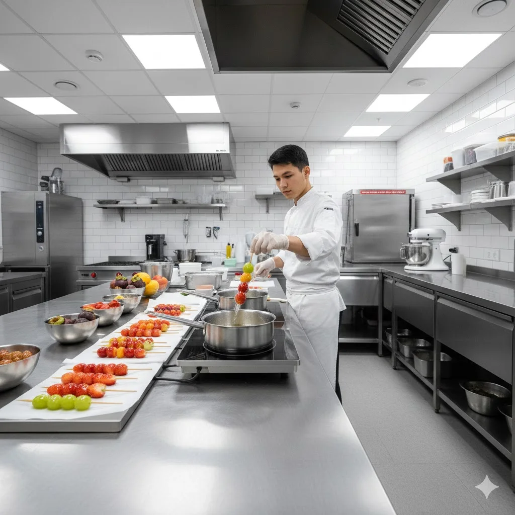 위생적이고 전문적인 환경에서 탕후루를 제조하는 깨끗한 주방 모습