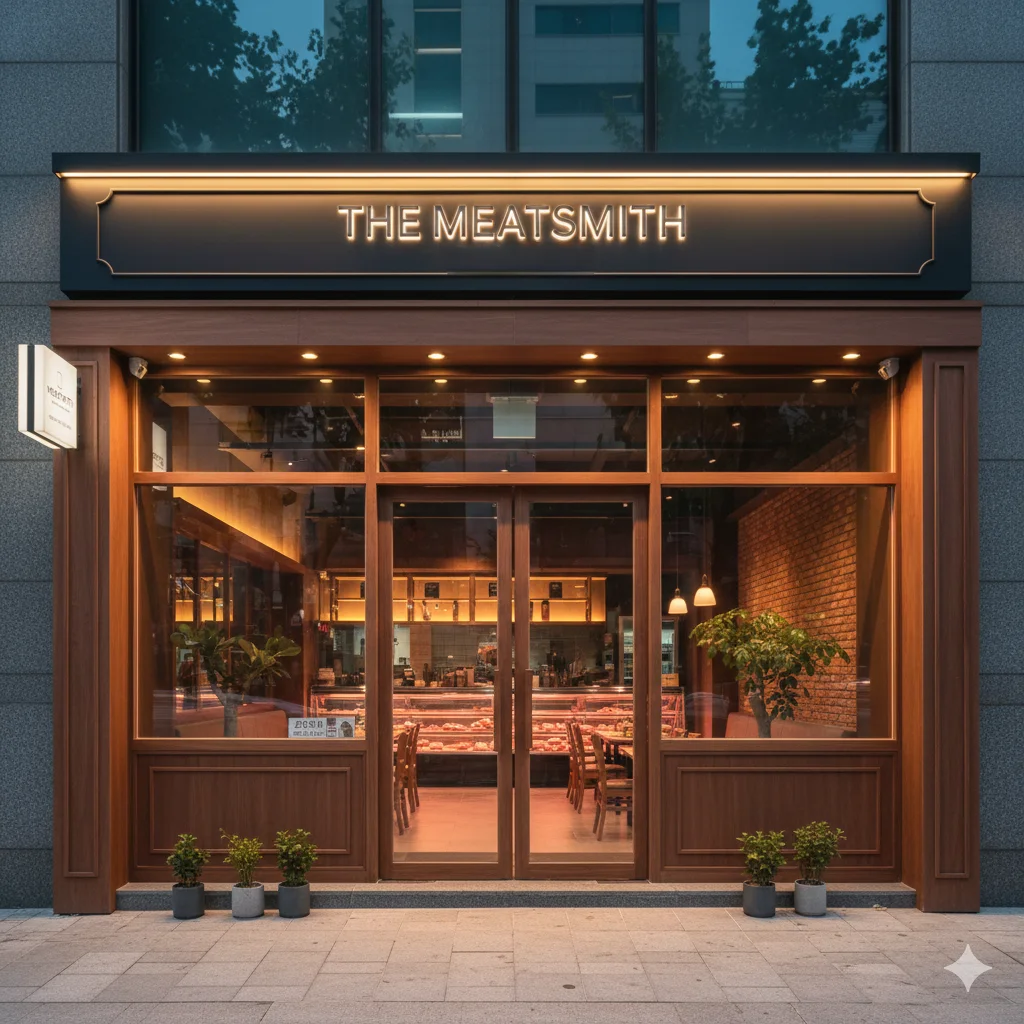 깔끔하고 고급스러운 디자인의 현대적인 정육식당 외관 전경