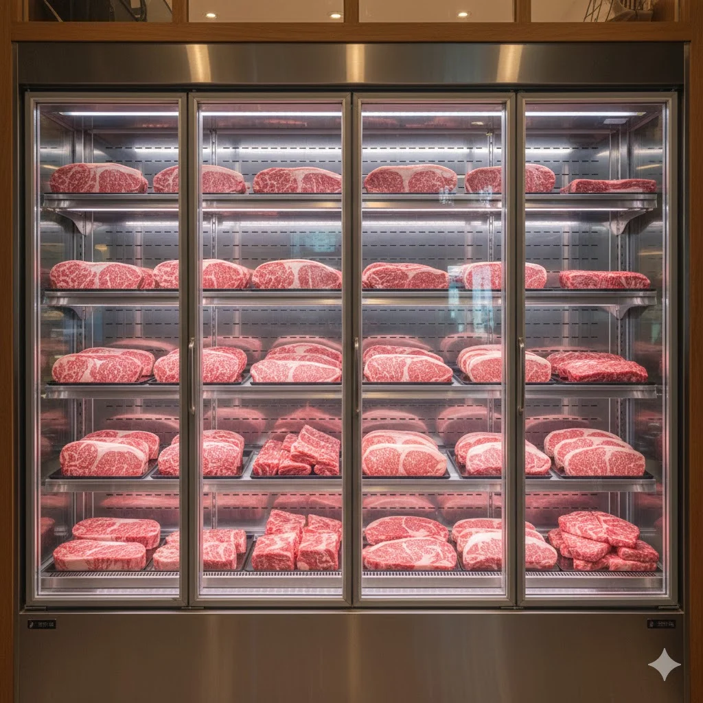마블링이 우수한 프리미엄 소고기가 진열된 정육식당 내부의 정육 쇼케이스
