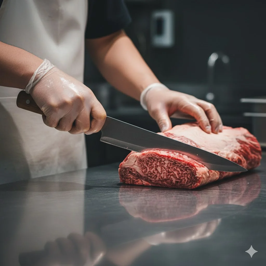 청결한 환경에서 신선한 원육을 직접 손질하는 전문 정육사의 손길