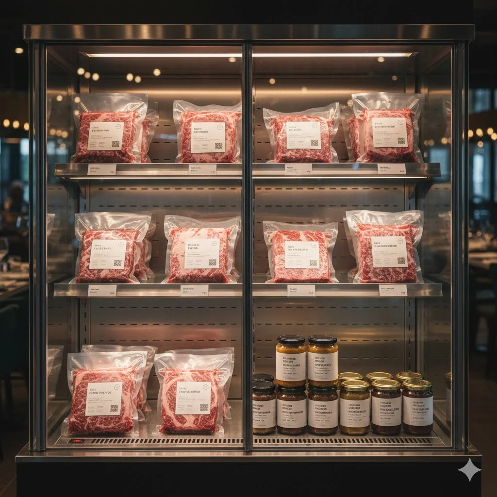 가정용 소포장 고기와 소스가 깔끔하게 진열된 판매용 냉장 쇼케이스