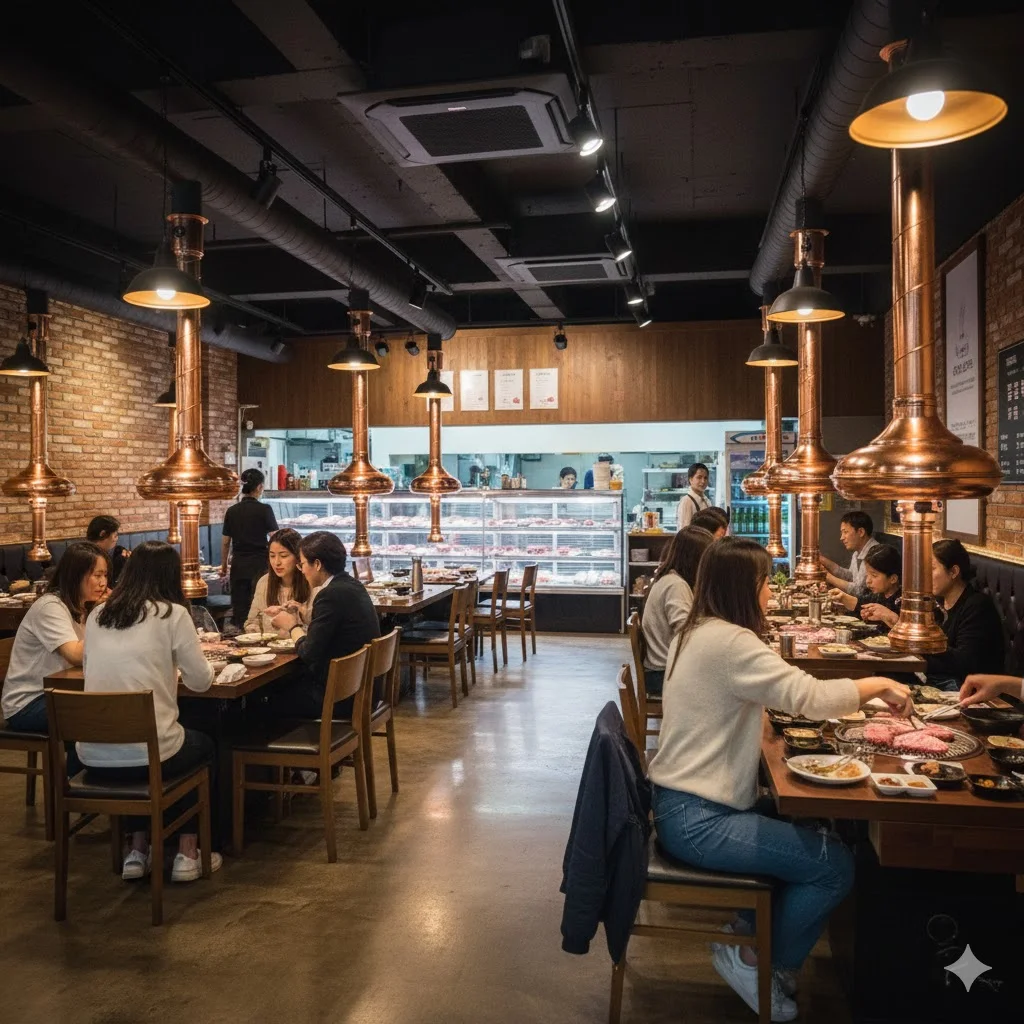 쾌적한 환기 시설과 세련된 인테리어를 갖춘 정육식당 내부 식사 공간