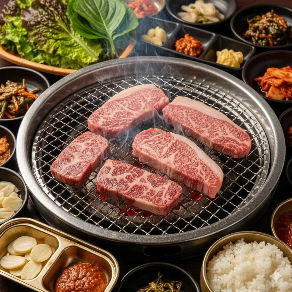 숯불 위에서 맛있게 구워지는 선홍빛 마블링의 한우와 정갈한 상차림