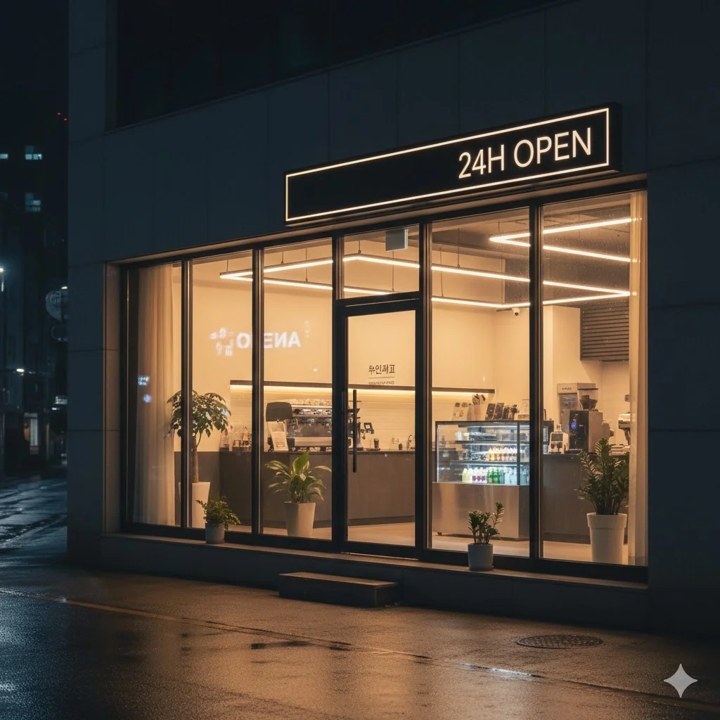 밤에도 밝고 따뜻한 분위기를 풍기는 현대적인 무인카페 외관 전경
