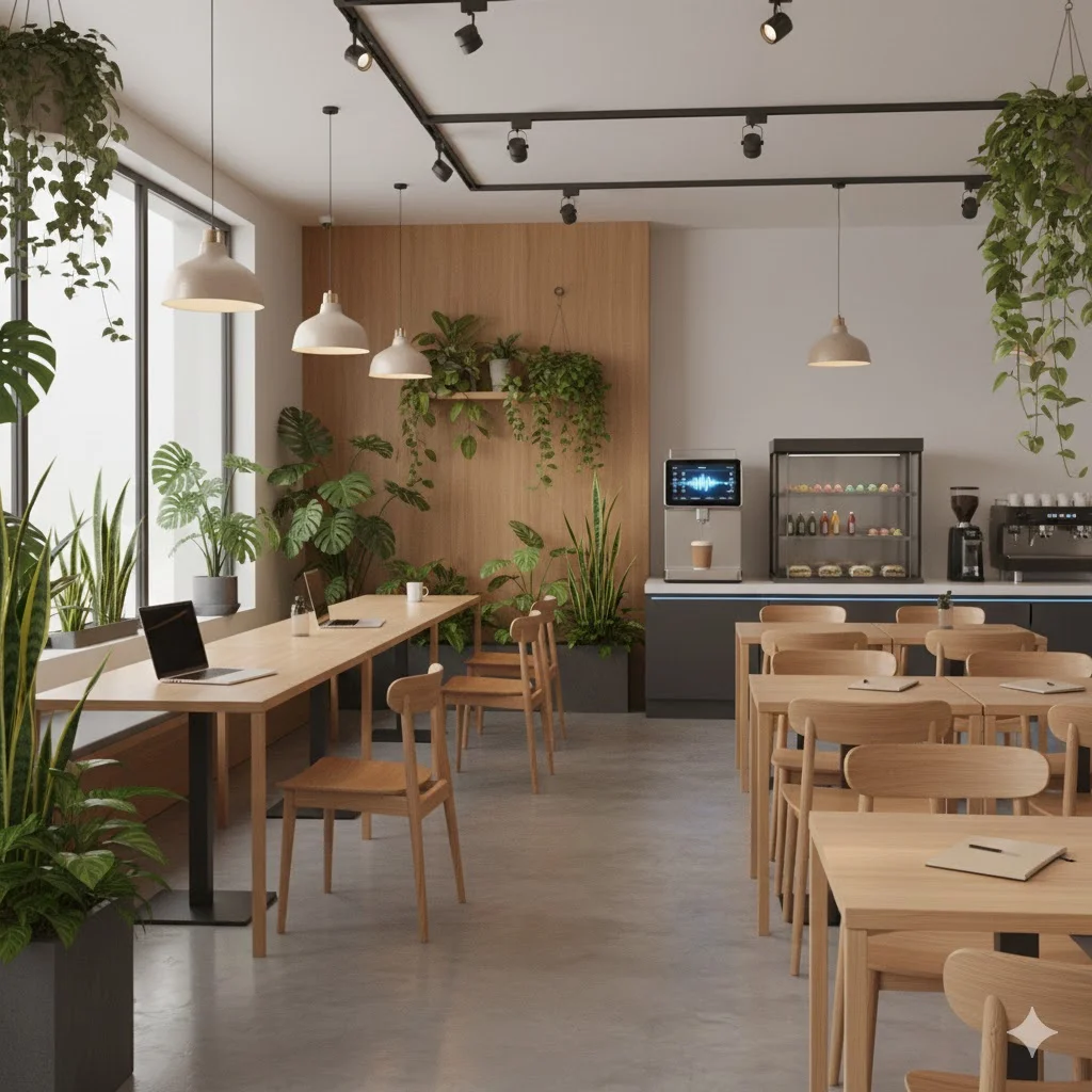 원목 가구와 화초로 꾸며진 아늑하고 감성적인 무인카페 내부 인테리어