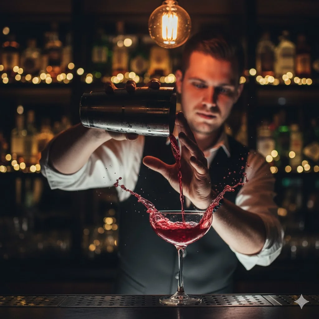 화려한 손기술로 시그니처 칵테일을 만들고 있는 바텐더의 모습