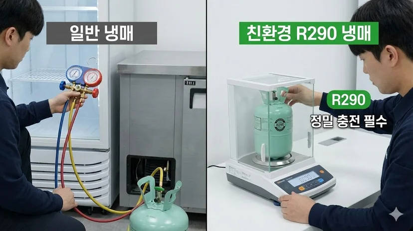 일반 냉매와 친환경 R290 냉매의 충전 방식 비교 및 정밀 충전의 중요성 이미지