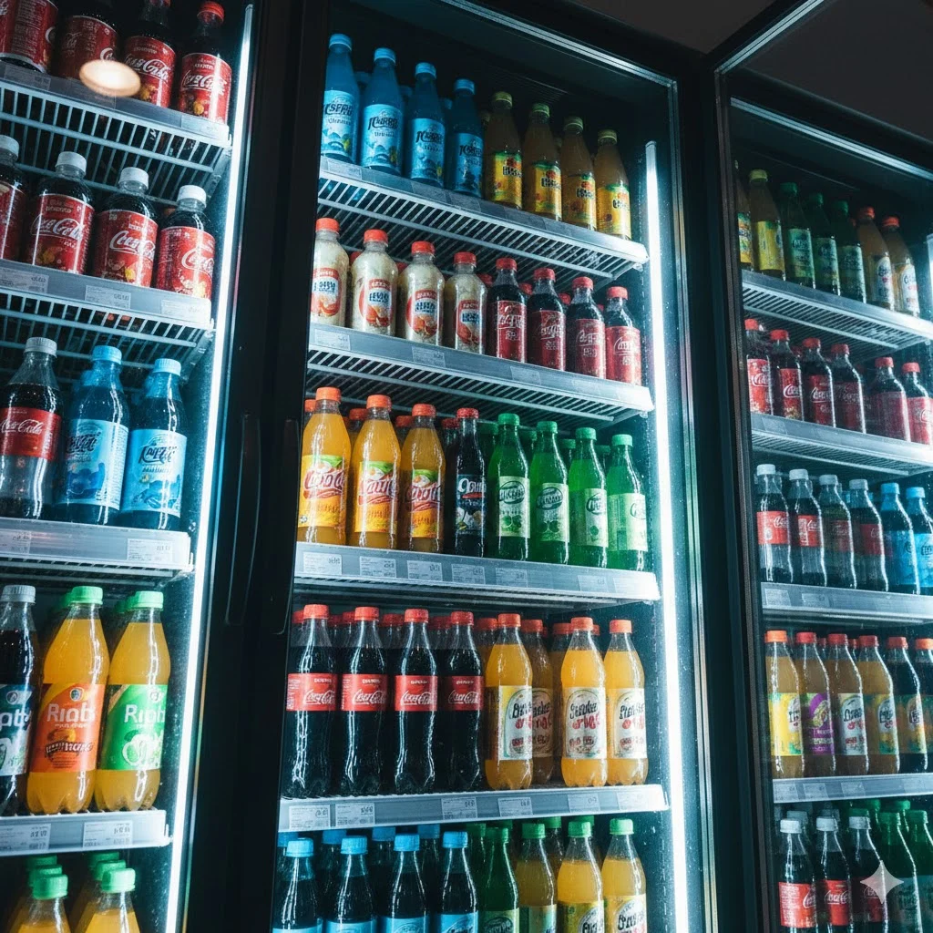 LED 조명을 받아 화려하게 빛나는 편의점쇼케이스 속 음료들