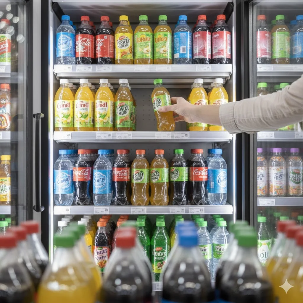 편의점쇼케이스 골든존에서 상품을 고르는 고객의 손과 정돈된 진열