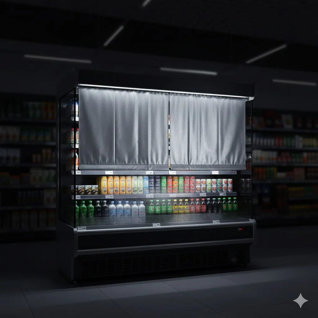 야간 에너지 절약을 위해 나이트 커튼이 내려진 오픈형 편의점쇼케이스