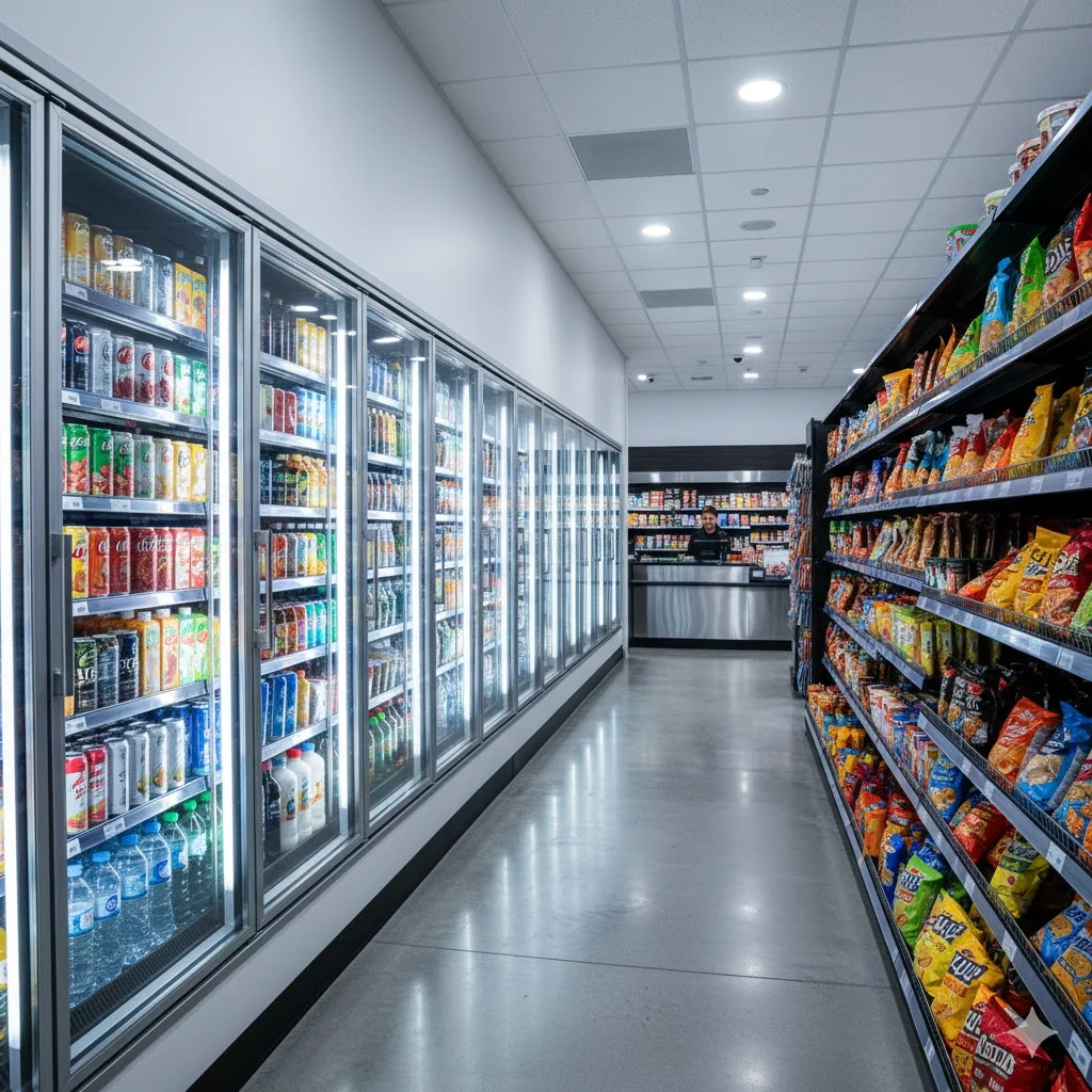 밝은 조명 아래 음료가 가득 채워진 깨끗한 편의점쇼케이스 전경