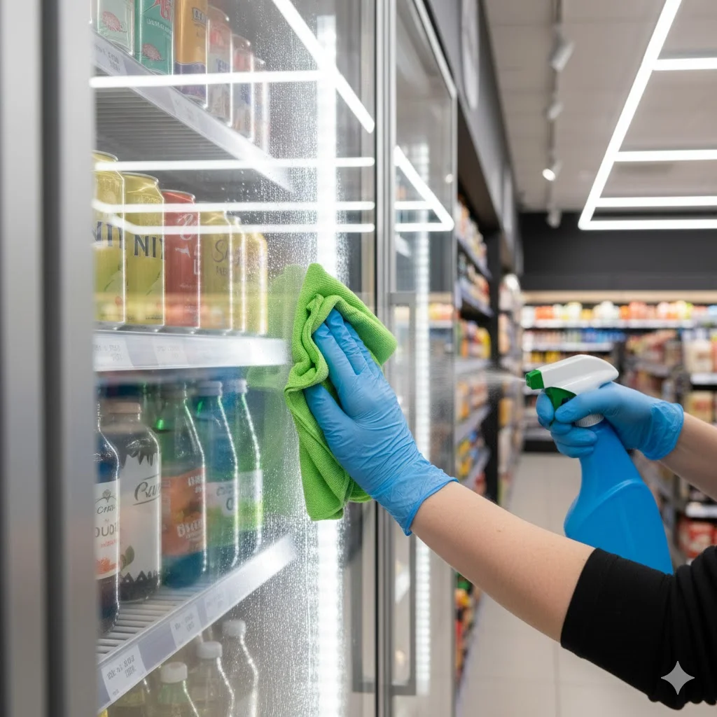 편의점쇼케이스 유리 도어를 깨끗하게 닦고 있는 매장 운영자