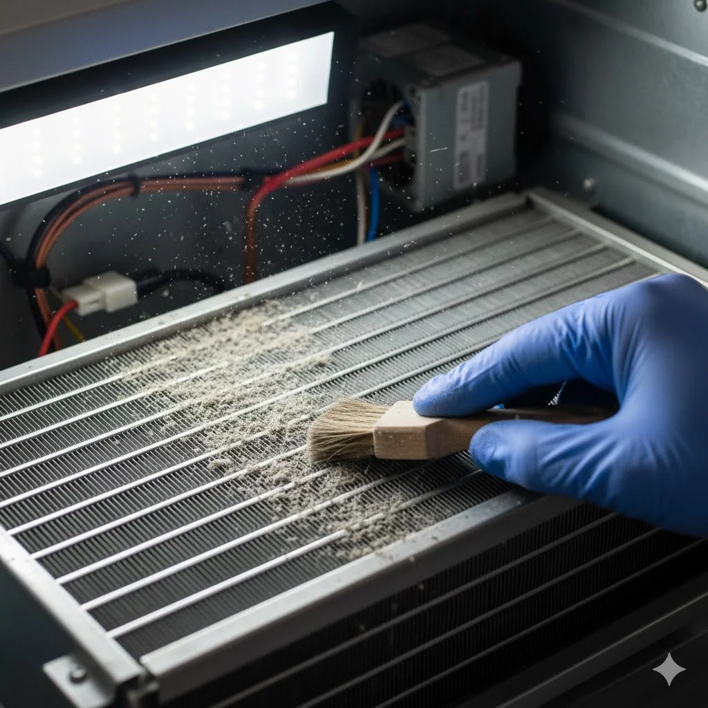 편의점쇼케이스 하단 응축기의 먼지를 청소하는 모습