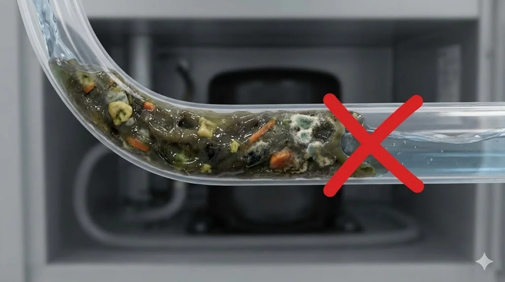 이물질과 물때로 꽉 막혀 배수가 되지 않는 쇼케이스 드레인 호스 단면