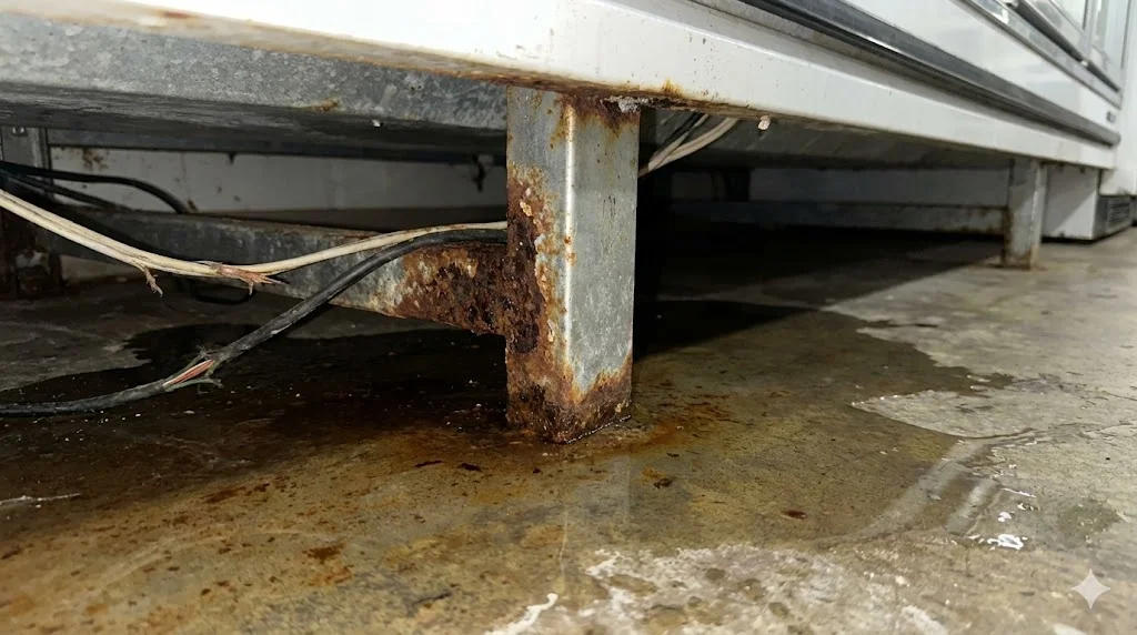 장기간 방치된 바닥 물 고임으로 인해 심하게 녹슬고 부식된 쇼케이스 하부 프레임