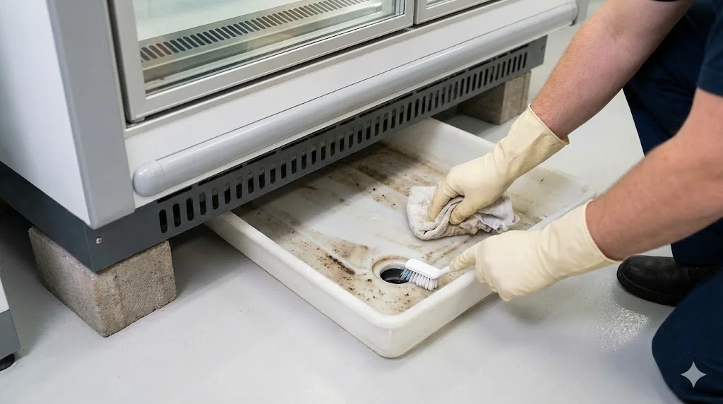 쇼케이스 하단 배수판을 직접 청소하여 물 고임을 해결하는 모습