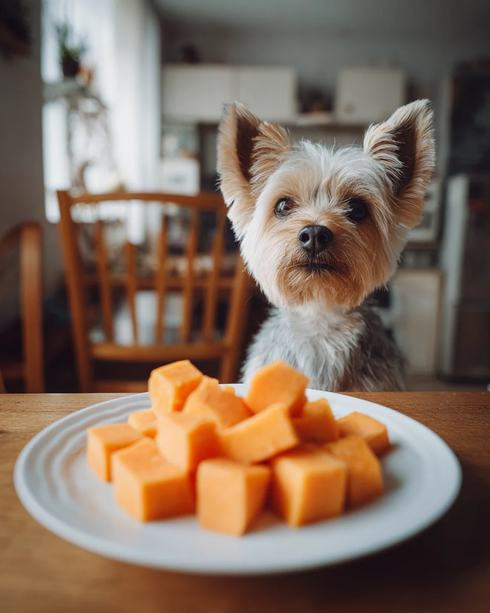 식이섬유가 풍부한 고구마를 소형견 간식으로 준비한 모습과 기다리는 요크셔테리어의 모습