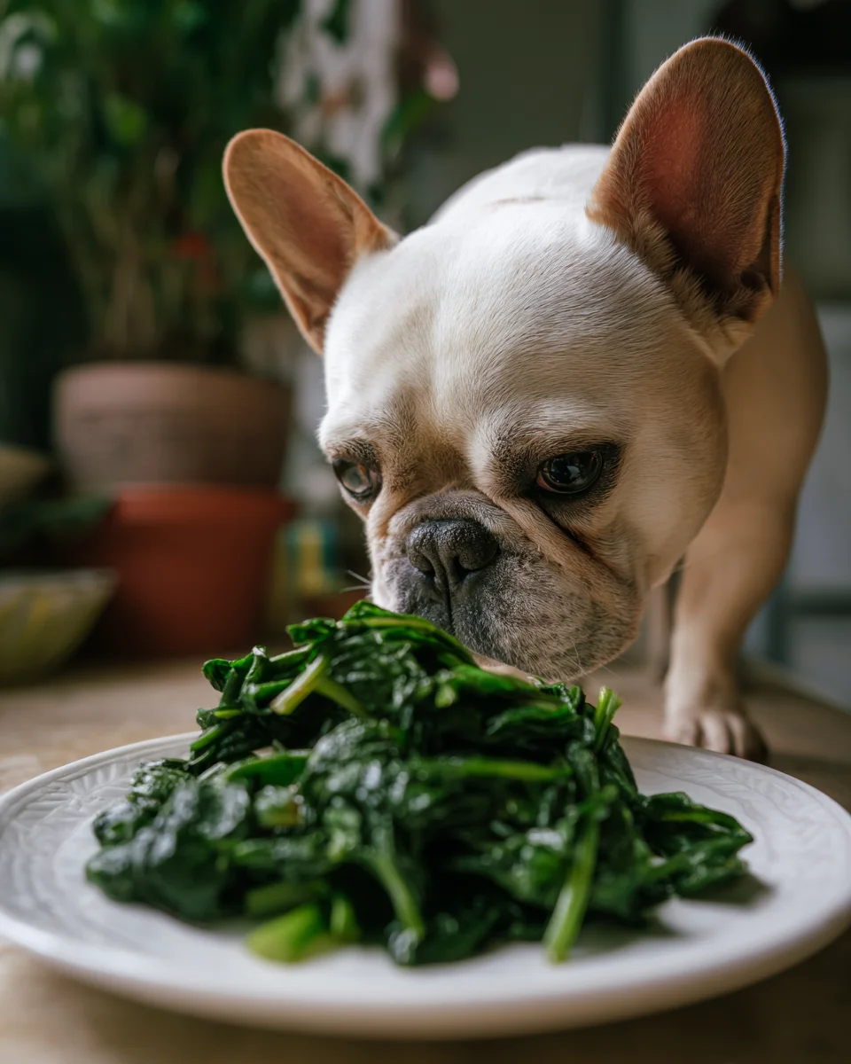 장 운동 촉진에 도움이 되는 데친 시금치를 소형견에게 소량 급여하기 위해 준비한 모습