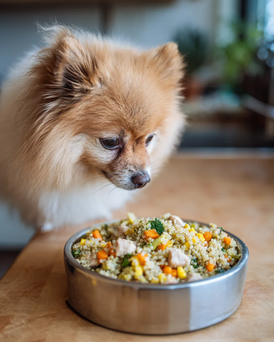 높은 수분 함량과 신선한 자연 식재료로 만든 강아지 화식을 소형견이 건강하게 먹고 있는 모습