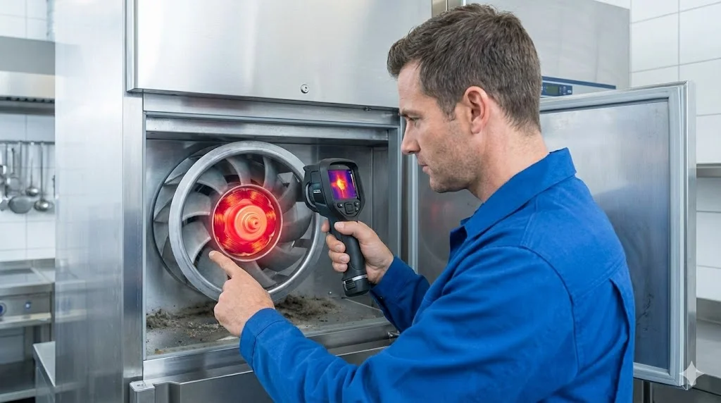 업소용냉장고팬모터 과부하로 인한 열 발생과 성능 저하를 방지하기 위한 점검 장면