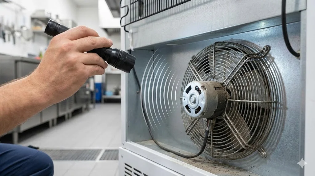 업소용냉장고팬소음 원인을 파악하기 위해 작동 중인 팬의 상태를 정밀하게 확인하는 모습
