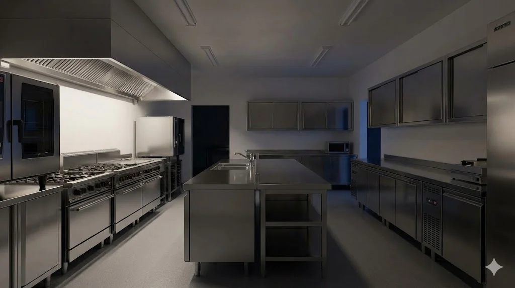 업소용냉장고팬소음 없는 쾌적한 환경에서 신선도를 유지하며 운영되는 매장 주방 전경