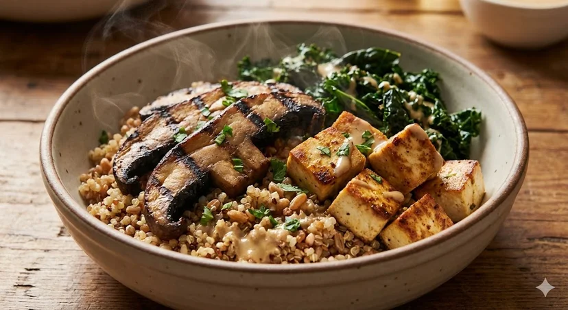 김이 살짝 나는 구운 버섯과 두부 스테이크가 올라간 따뜻한 웜볼(Warm Bowl) 클로즈업