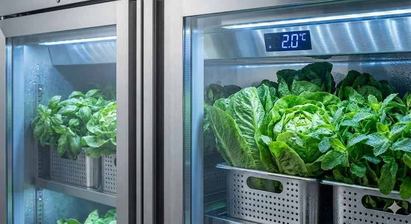 싱싱한 채소가 가득한 냉장고 내부에 '2.0°C'가 표시된 정밀 디지털 온도계가 보이는 모습