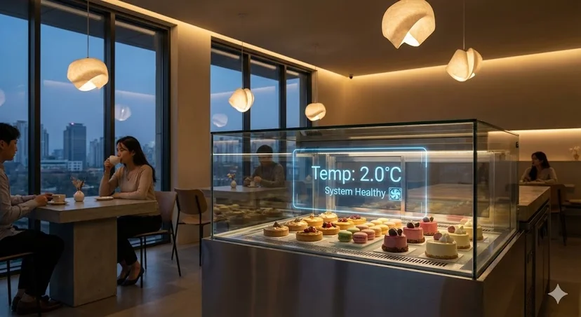 고급스러운 카페 중앙에 디저트가 진열된 쇼케이스가 있고, 유리에 '온도: 2.0°C, 시스템 정상'이라는 홀로그램 정보가 떠 있는 모습.