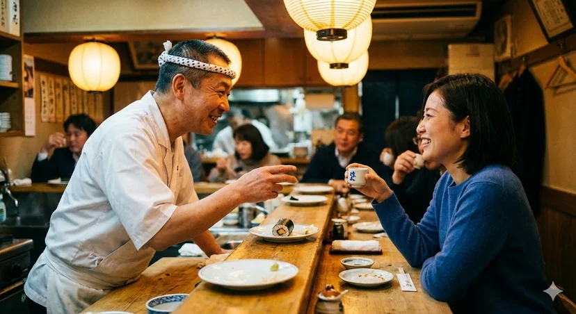정성스러운 식사 대접 후 고객과 가볍게 대화하며 미소 짓는 셰프의 모습