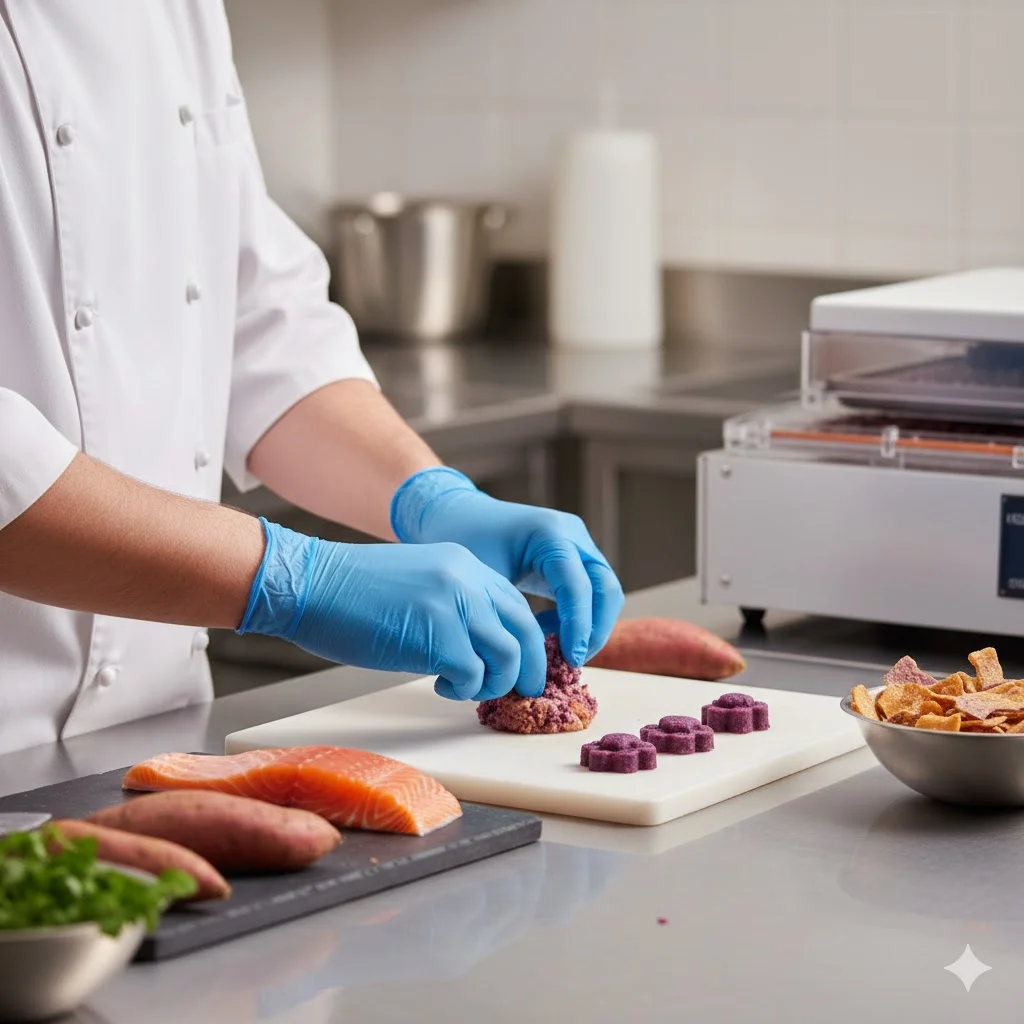 깨끗한 주방에서 위생 장갑을 착용한 조리사가 신선한 연어와 고구마로 간식을 만드는 모습