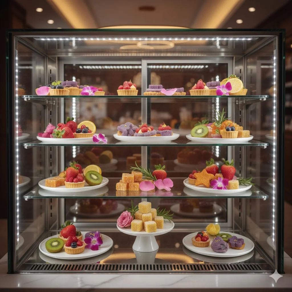 프리미엄 투명 쇼케이스 안에 보석처럼 진열된 신선한 식재료와 화사한 LED 조명