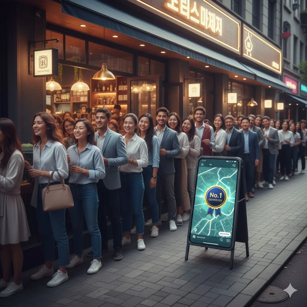 매장 앞 입간판의 지도 앱 1위 인증 마크를 보며 손님들이 길게 줄을 서 있는 활기찬 풍경