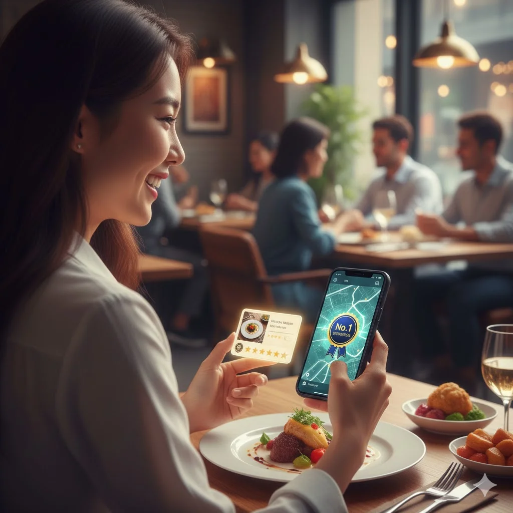 테이블에 앉아 음식 사진을 찍고 즐거운 표정으로 지도 앱 리뷰를 작성하는 고객
