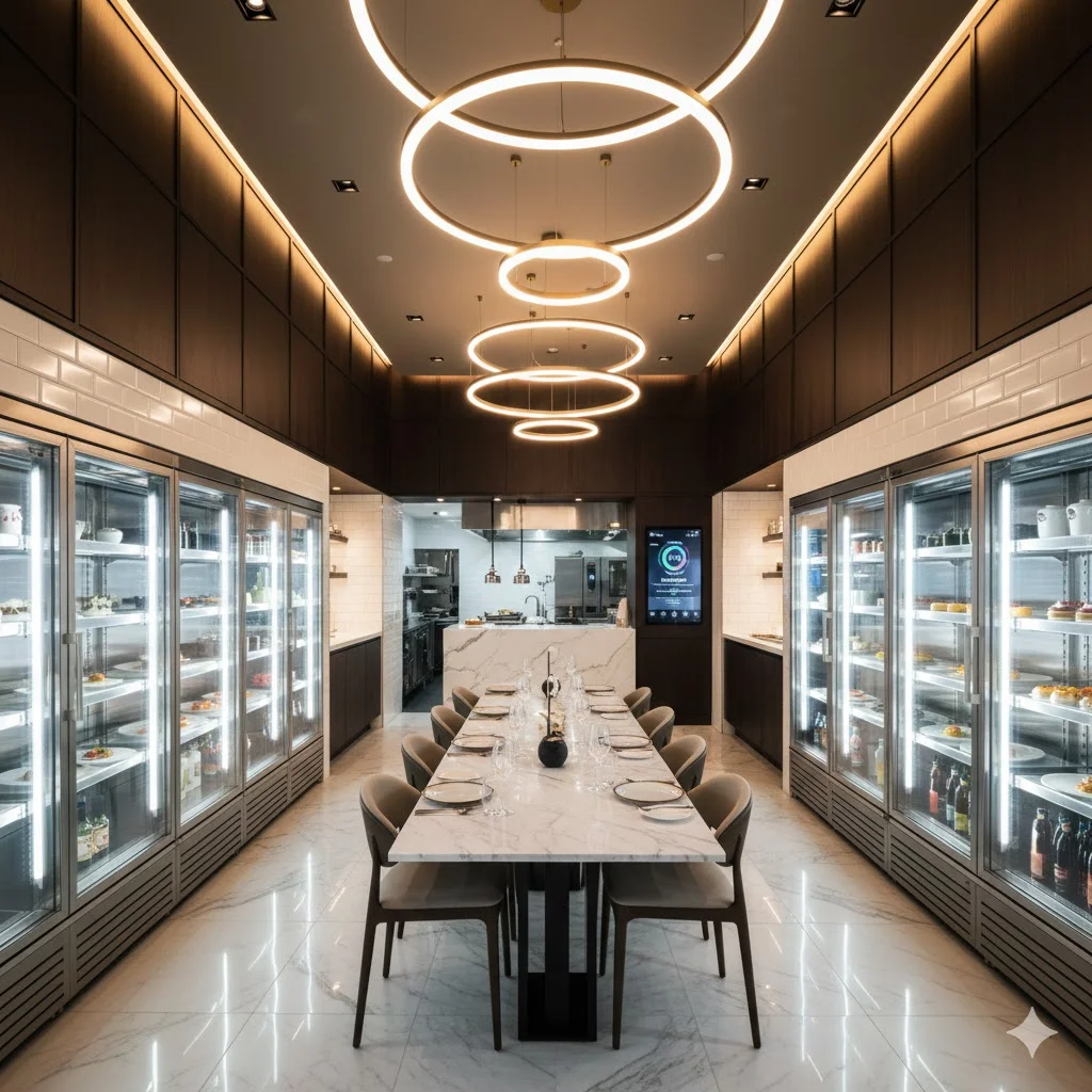 따뜻한 조명 아래 세련된 인테리어와 스마트 설비가 조화를 이룬 매장 내부 전경