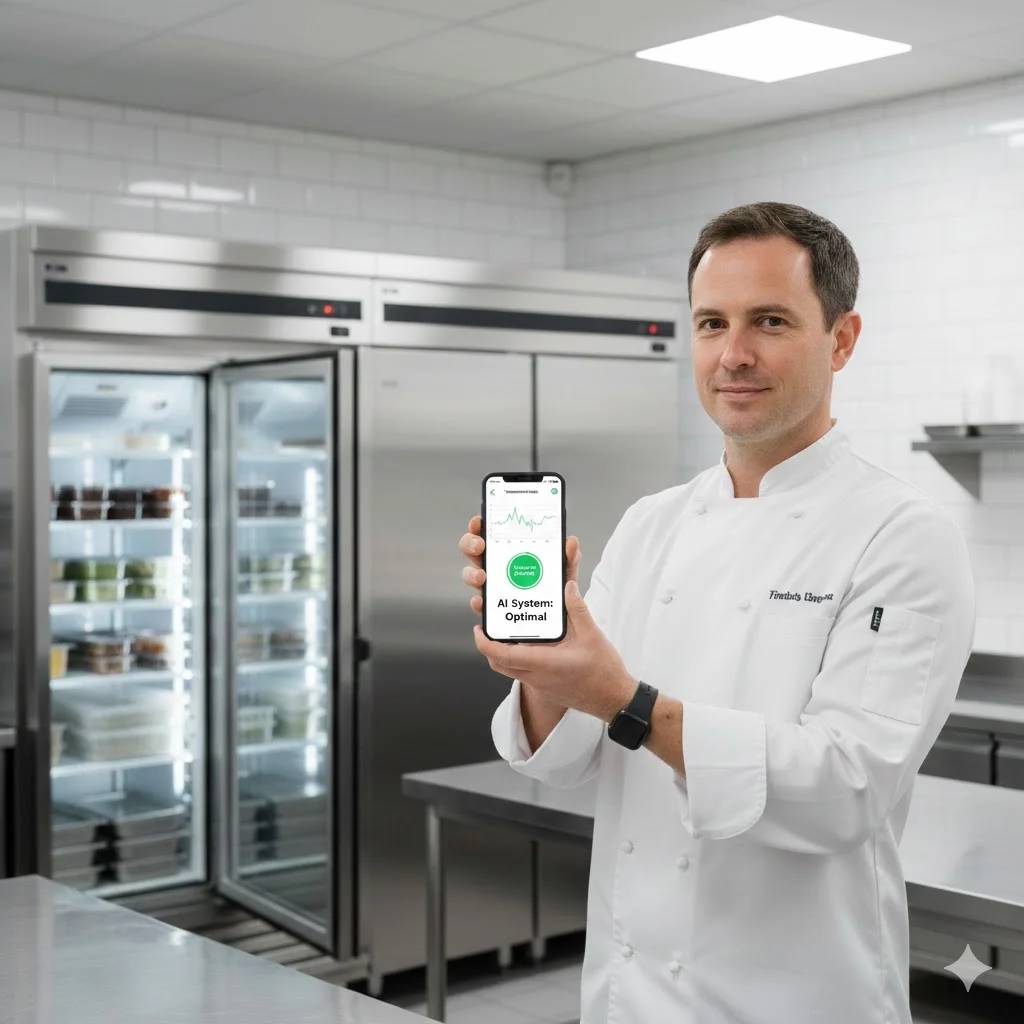 주방에서 셰프가 스마트폰 앱으로 쇼케이스 온도를 정밀하게 확인하는 전문적인 모습